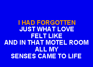 I HAD FORGOTTEN
JUST WHAT LOVE

FELT LIKE
AND IN THAT MOTEL ROOM

ALL MY
SENSES CAME TO LIFE