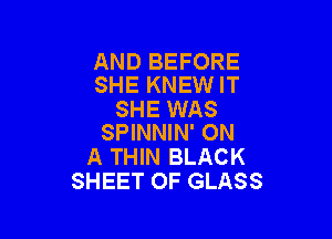 AND BEFORE
SHE KNEW IT

SHE WAS

SPINNIN' ON
A THIN BLACK
SHEET 0F GLASS