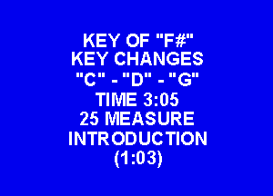 KEY 0F F1!
KEY CHANGES

IICII - IIDII - IIGII

TIME 3i05
25 MEASURE
INTRODUCTION
(1 z03)