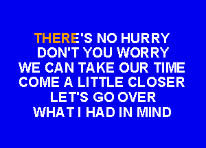 THERE'S NO HURRY
DON'T YOU WORRY

WE CAN TAKE OUR TIME
COME A LITTLE CLOSER

LET'S GO OVER
WHATI HAD IN MIND