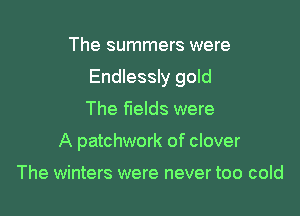 The summers were

Endlessly gold

The fields were
A patchwork of clover

The winters were never too cold