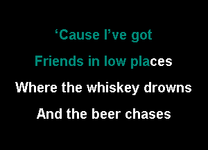 Tause We got

Friends in low places

Where the whiskey drowns

And the beer chases