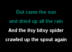 Out came the sun
and dried up all the rain
And the itsy bitsy spider

crawled up the spout again