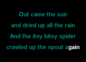Out came the sun
and dried up all the rain
And the itsy bitsy spider

crawled up the spout again
