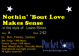 2?

Nothin' 'Bout Love
Makes Sense

m the style of Leann Rimes

key A line 2 52
by, Burr,Feeney,SacHey

8m Songs 1 W8 Manc

Deston Songs 1' W8 Mme

Steel Wheels Mme, Chmsahs Mum
Imemational copynght secured

m ngms resented, mmm