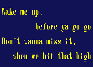 Wake me up.
before ya g0 g0

Don t wanna miss it,

when we hit that high