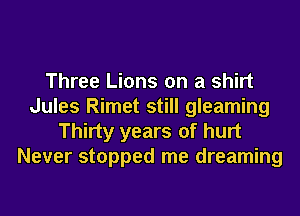 Three Lions on a shirt
Jules Rimet still gleaming
Thirty years of hurt
Never stopped me dreaming