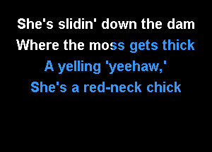 She's slidin' down the darn
Where the moss gets thick
A yelling 'yeehaw,'

She's a red-neck chick