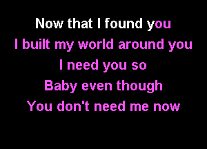 Now that I found you
I built my world around you
I need you so

Baby even though
You don't need me now