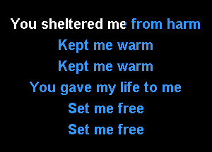 You sheltered me from harm
Kept me warm
Kept me warm

You gave my life to me
Set me free
Set me free