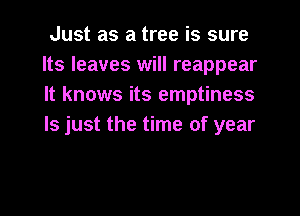 Just as a tree is sure

Its leaves will reappear
It knows its emptiness
ls just the time of year