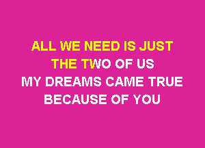 ALL WE NEED IS JUST
THE TWO OF US
MY DREAMS CAME TRUE
BECAUSE OF YOU