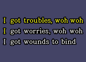 I got troubles, woh woh

I got worries, woh woh

I got wounds to bind