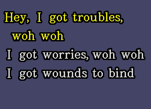 Hey, I got troubles,
woh woh

I got worries, woh woh

I got wounds to bind