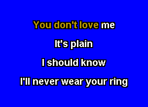 You don't love me
It's plain

I should know

I'll never wear your ring