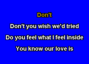 Don't

Don't you wish we'd tried

Do you feel what I feel inside

You know our love is