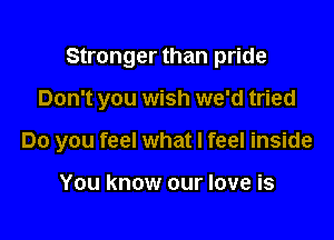 Stronger than pride

Don't you wish we'd tried

Do you feel what I feel inside

You know our love is