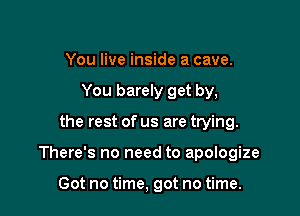 You live inside a cave.
You barely get by,

the rest of us are trying.

There's no need to apologize

Got no time, got no time.
