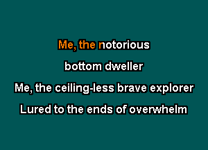 Me, the notorious

bottom dweller

Me, the ceiling-less brave explorer

Lured to the ends of ovemhelm