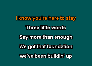 I know you're here to stay

Three little words

Say more than enough

We got that foundation

we've been buildin' up