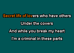 Secret life oflovers who have others

Underthe covers

And while you break my heart

I'm a criminal in these parts