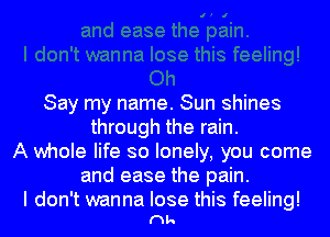 Say my name. Sun shines
through the rain.
A whole life so lonely, you come
and ease the pain.

I don't wanna lose this feeling!
(Wk