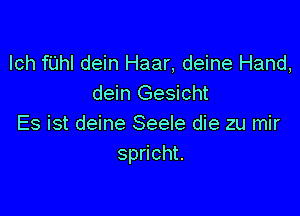 lch fUhl dein Haar, deine Hand,
dein Gesicht

Es ist deine Seele die zu mir
spricht.