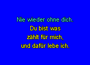 Nie wieder ohne dich.
Du bist was

zahlt fUr mich,
und danr lebe ich.