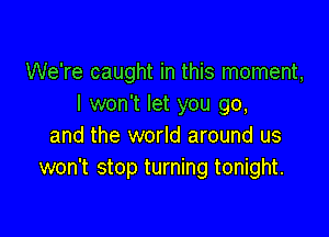 We're caught in this moment,
I won't let you go,

and the world around us
won't stop turning tonight.