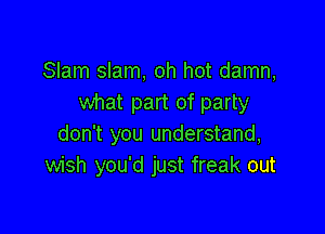 Slam slam, oh hot damn,
what part of party

don't you understand,
wish you'd just freak out