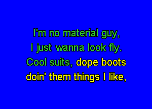 I'm no material guy,
I just wanna look fly.

Cool suits, dope boots
doin' them things I like,