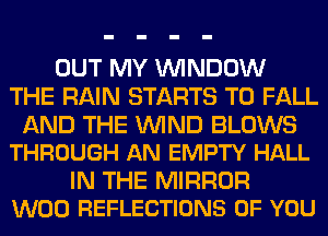 OUT MY WINDOW
THE RAIN STARTS T0 FALL

AND THE WIND BLOWS
THROUGH AN EMPTY HALL

IN THE MIRROR
W00 REFLECTIONS OF YOU