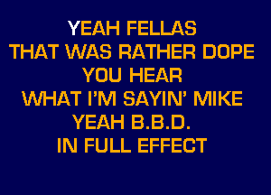 YEAH FELLAS
THAT WAS RATHER DOPE
YOU HEAR
WHAT I'M SAYIN' MIKE
YEAH B.B.D.
IN FULL EFFECT