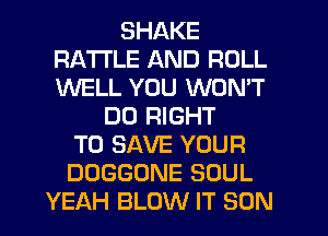 SHAKE
RA'I'I'LE AND ROLL
WELL YOU WONT

DO RIGHT
TO SAVE YOUR
DOGGONE SOUL
YEAH BLOW IT SON