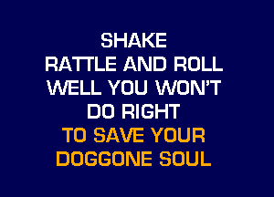 SHAKE
RATI'LE AND ROLL
KNELL YOU WON'T

DOFMGHT
TOSAVEYOUR

DOGGONE SOUL l