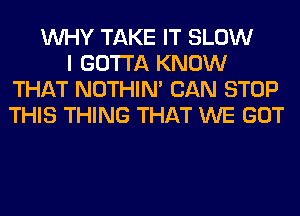 WHY TAKE IT SLOW
I GOTTA KNOW
THAT NOTHIN' CAN STOP
THIS THING THAT WE GOT