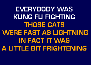 EVERYBODY WAS
KUNG FU FIGHTING
THOSE CATS
WERE FAST AS LIGHTNING
IN FACT IT WAS
A LITTLE BIT FRIGHTENING