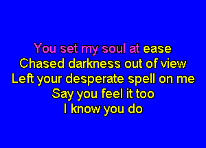 You set my soul at ease
Chased darkness out of view
Left your desperate spell on me
Say you feel it too
I know you do