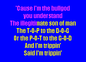 'cause I'm the hullgtItl
tmu understand
The illegitimate son of man
The T-o-P to the 0-0-6
Or the NH to the 6-0-0
Anti I'm trihhin'
Said I'm trihhin'