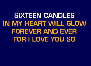 SIXTEEN CANDLES

IN MY HEART WILL GLOW
FOREVER AND EVER
FOR I LOVE YOU SO