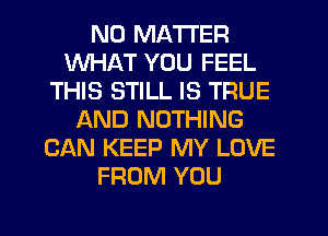 NO MATTER
WHAT YOU FEEL
THIS STILL IS TRUE
AND NOTHING
CAN KEEP MY LOVE
FROM YOU