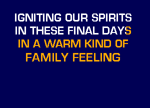IGNITING OUR SPIRITS
IN THESE FINAL DAYS
IN A WARM KIND OF

FAMILY FEELING