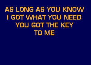 AS LONG AS YOU KNOW
I GOT WHAT YOU NEED
YOU GOT THE KEY
TO ME