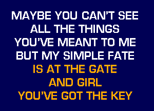 MAYBE YOU CAN'T SEE
ALL THE THINGS
YOU'VE MEANT TO ME
BUT MY SIMPLE FATE
IS AT THE GATE
AND GIRL
YOU'VE GOT THE KEY