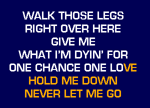 WALK THOSE LEGS
RIGHT OVER HERE
GIVE ME
WHAT I'M DYIN' FOR
ONE CHANCE ONE LOVE
HOLD ME DOWN
NEVER LET ME GO