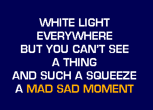 WHITE LIGHT
EVERYWHERE
BUT YOU CAN'T SEE
A THING
AND SUCH A SGUEEZE
A MAD SAD MOMENT