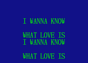 I WANNA KNOW

WHAT LOVE IS
I WANNA KNOW

WHAT LOVE IS