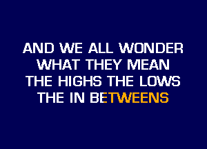 AND WE ALL WONDER
WHAT THEY MEAN
THE HIGHS THE LOWS
THE IN BETWEENS