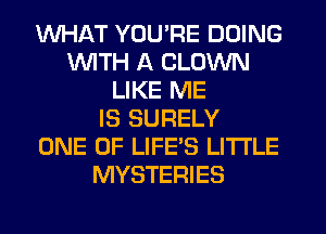 WHAT YOU'RE DOING
WITH A CLOWN
LIKE ME
IS SURELY
ONE OF LIFE'S LITTLE
MYSTERIES