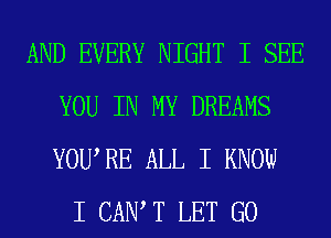 AND EVERY NIGHT I SEE
YOU IN MY DREAMS
YOUIRE ALL I KNOW

I CAN T LET G0